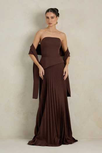 VESTIDO DE FESTA MAITÊ SAIA PLISSADA CHOKER - MARROM