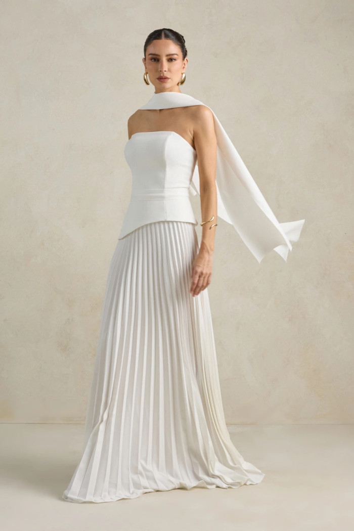VESTIDO DE FESTA MAITÊ SAIA PLISSADA CHOKER - OFF WHITE