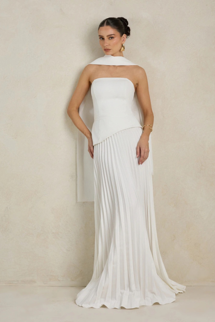VESTIDO DE FESTA MAITÊ SAIA PLISSADA CHOKER - OFF WHITE