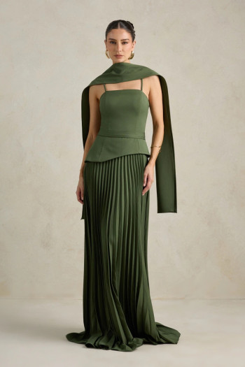 VESTIDO DE FESTA MAITÊ SAIA PLISSADA CHOKER - VERDE OLIVA