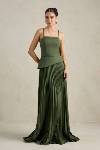 VESTIDO DE FESTA MAITÊ SAIA PLISSADA CHOKER - VERDE OLIVA