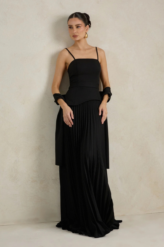 VESTIDO DE FESTA MAITÊ SAIA PLISSADA CHOKER - PRETO