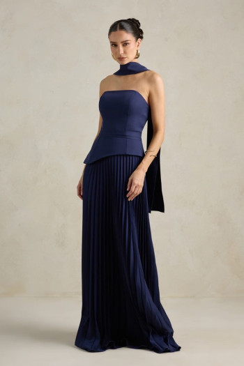 [PRÉ-VENDA] VESTIDO DE FESTA MAITÊ SAIA PLISSADA CHOKER - AZUL MARINHO