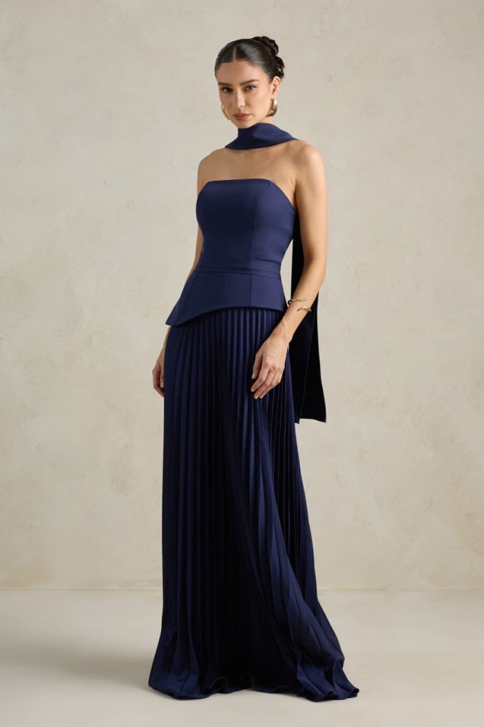 [PRÉ-VENDA] VESTIDO DE FESTA MAITÊ SAIA PLISSADA CHOKER - AZUL MARINHO
