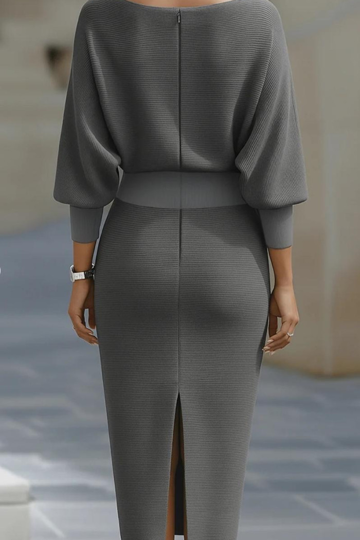 VESTIDO LOREN MIDI DRAPEADO COM MANGA MORCEGO - CINZA