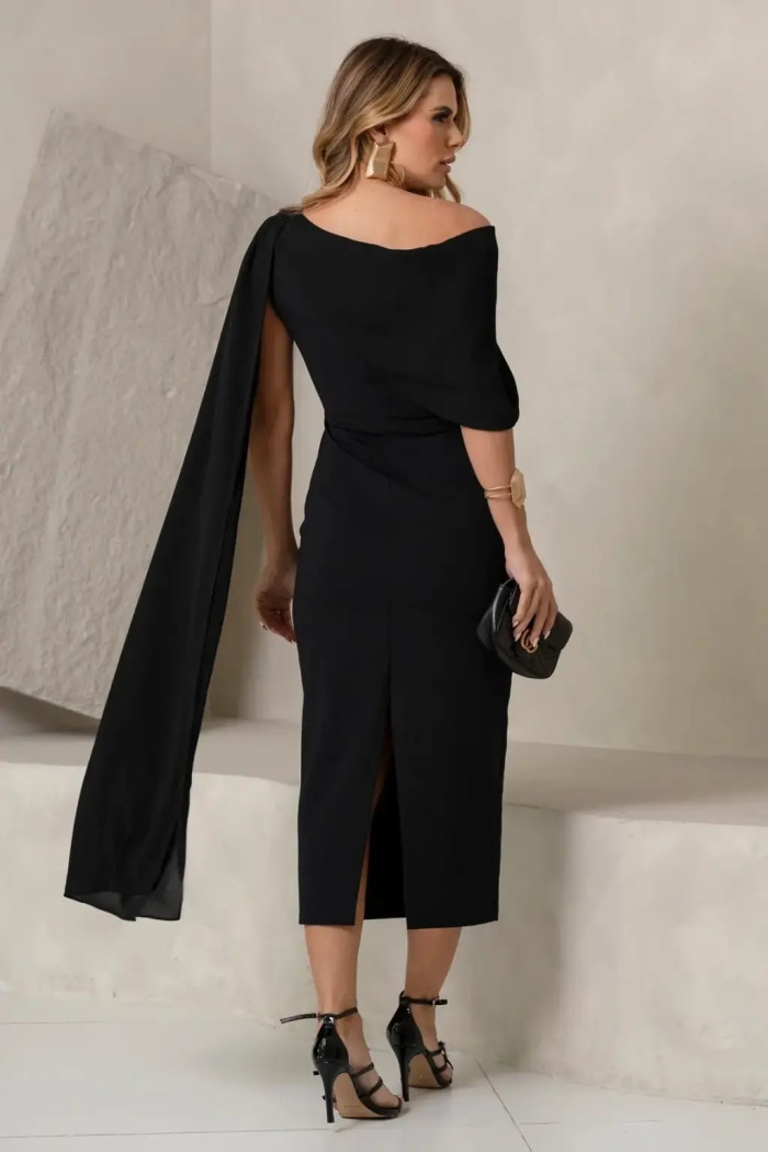 VESTIDO ZOE MIDI TUBINHO DETALHE OMBRO FAIXA - PRETO