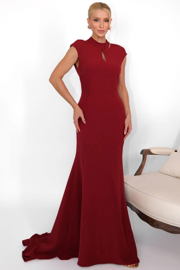 VESTIDO HELENA LONGO COM CAUDA E BABADOS COSTAS ABERTA - VINHO