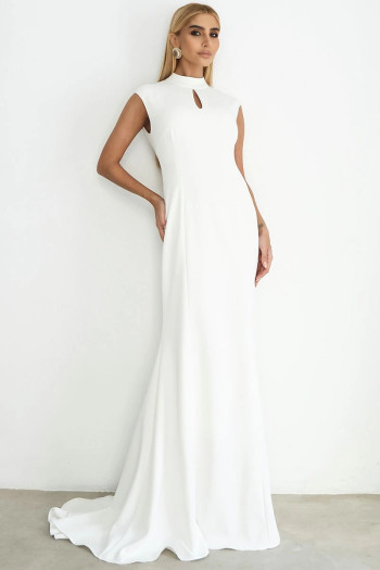 VESTIDO HELENA LONGO COM CAUDA E BABADOS COSTAS ABERTA - OFF WHITE