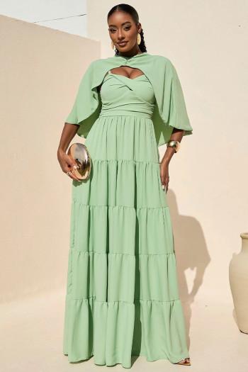 VESTIDO LONGO GEORGINA FESTA FLUIDO BUSTO DRAPEADO COM CAPA - VERDE