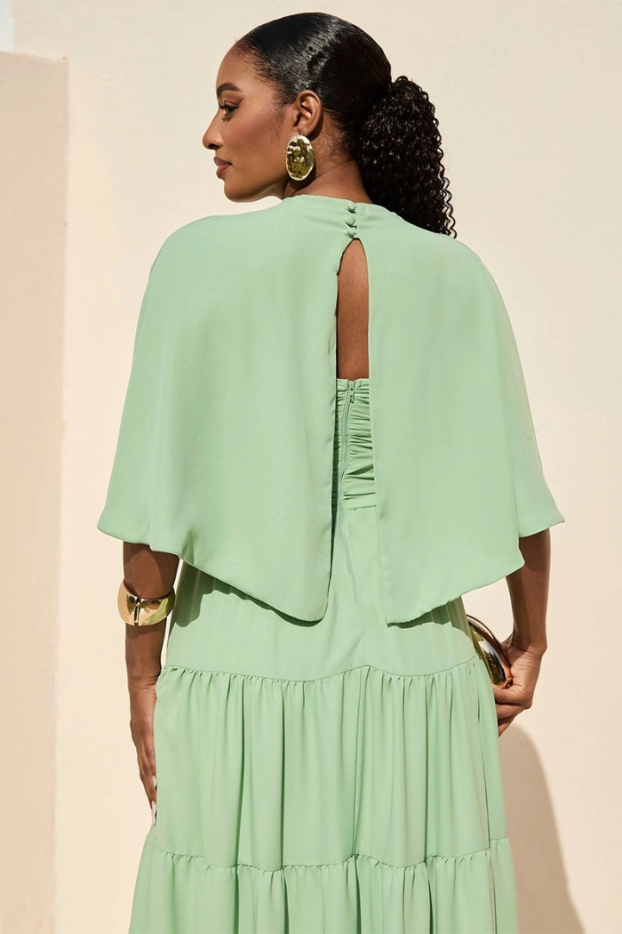 VESTIDO LONGO GEORGINA FESTA FLUIDO BUSTO DRAPEADO COM CAPA - VERDE