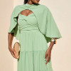 VESTIDO LONGO GEORGINA FESTA FLUIDO BUSTO DRAPEADO COM CAPA - VERDE