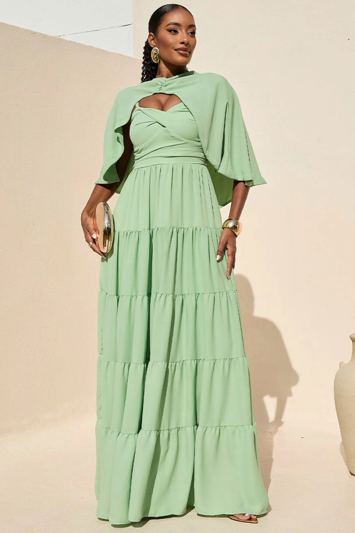 VESTIDO LONGO GEORGINA FESTA FLUIDO BUSTO DRAPEADO COM CAPA - VERDE