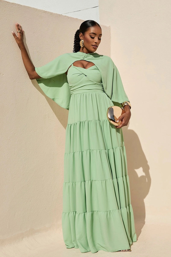 VESTIDO LONGO GEORGINA FESTA FLUIDO BUSTO DRAPEADO COM CAPA - VERDE