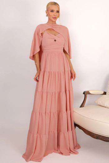 VESTIDO LONGO GEORGINA FESTA FLUIDO BUSTO DRAPEADO COM CAPA - ROSÉ