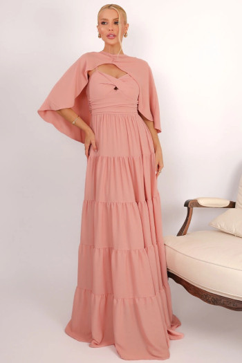VESTIDO LONGO GEORGINA FESTA FLUIDO BUSTO DRAPEADO COM CAPA - ROSÉ