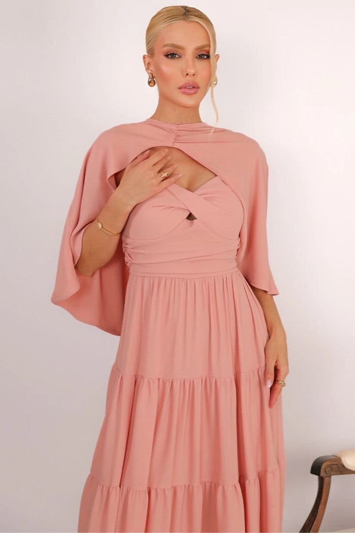 VESTIDO LONGO GEORGINA FESTA FLUIDO BUSTO DRAPEADO COM CAPA - ROSÉ