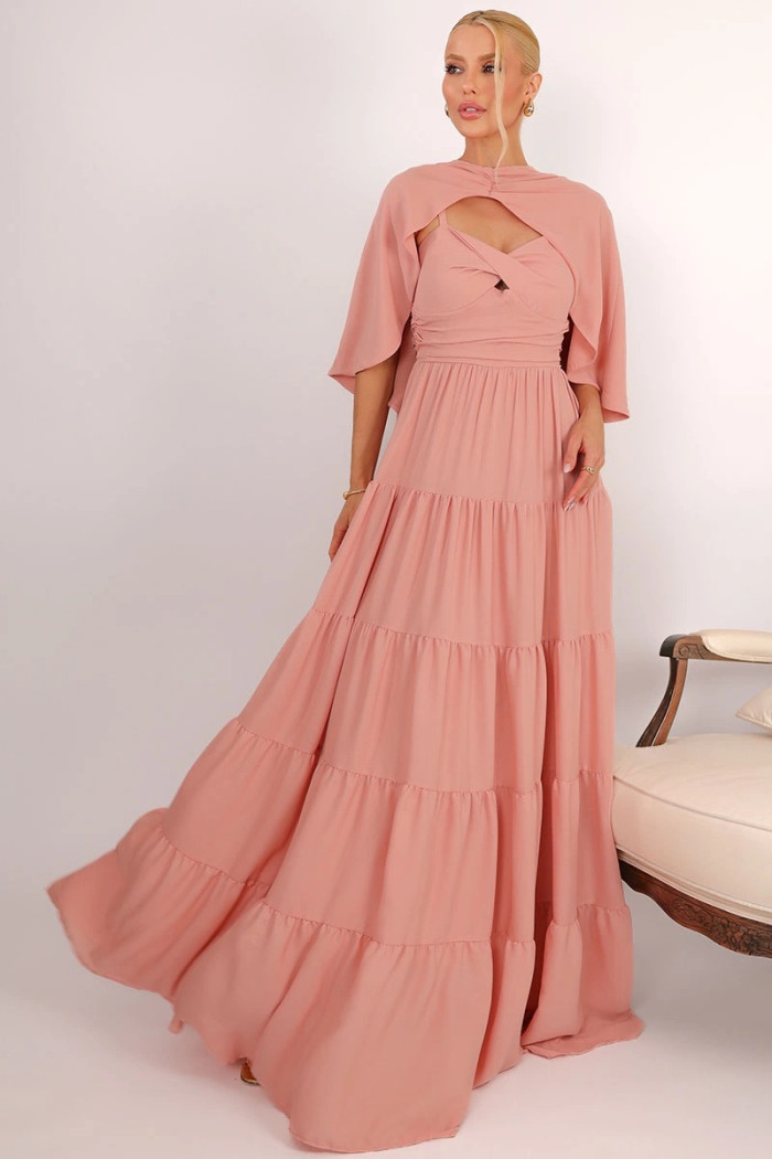 VESTIDO LONGO GEORGINA FESTA FLUIDO BUSTO DRAPEADO COM CAPA - ROSÉ