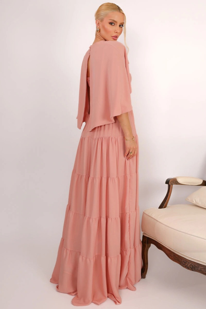 VESTIDO LONGO GEORGINA FESTA FLUIDO BUSTO DRAPEADO COM CAPA - ROSÉ