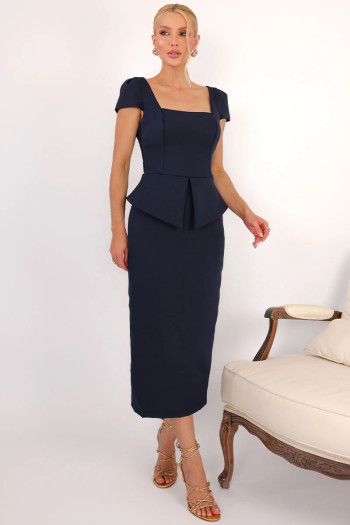 VESTIDO MIDI MAVIE TUBINHO MANGA CURTA PEPLUM - AZUL MARINHO