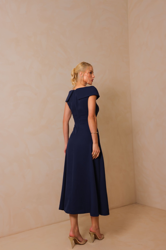 VESTIDO HILDA MIDI DETALHE FLOR - AZUL MARINHO