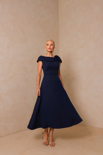 VESTIDO HILDA MIDI DETALHE FLOR - AZUL MARINHO