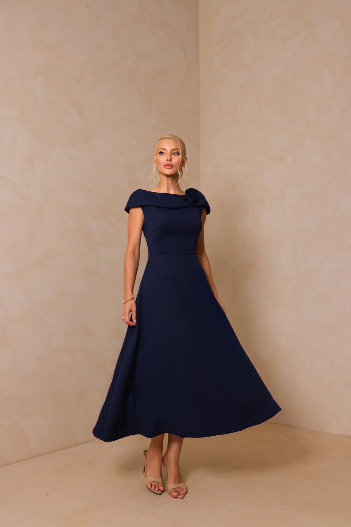 VESTIDO HILDA MIDI DETALHE FLOR - AZUL MARINHO