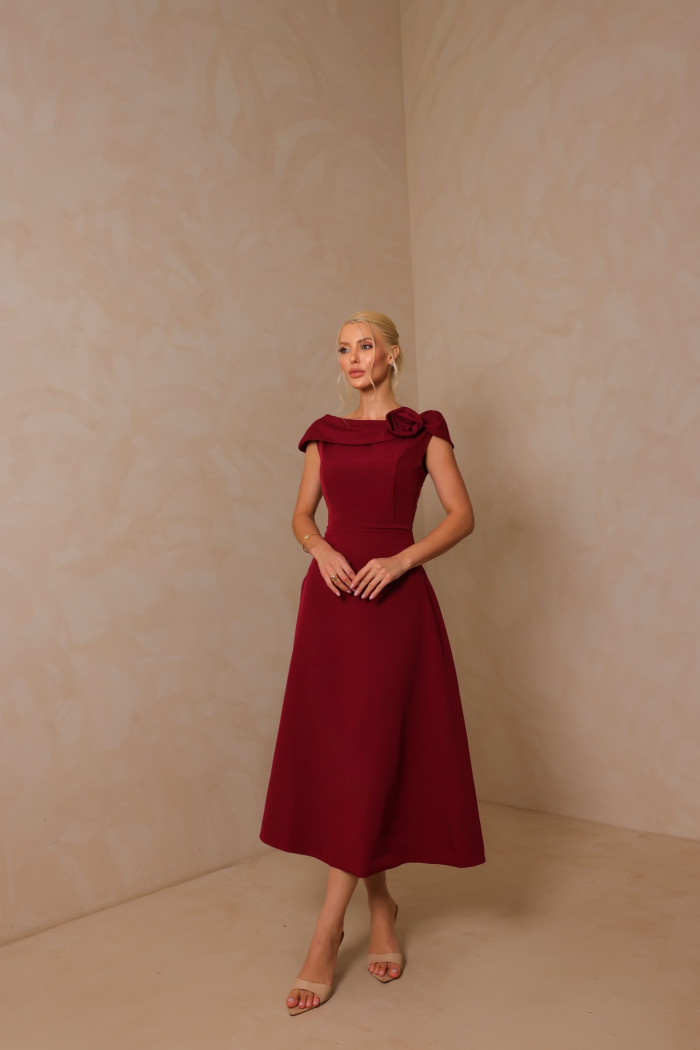 VESTIDO HILDA MIDI DETALHE FLOR - VINHO