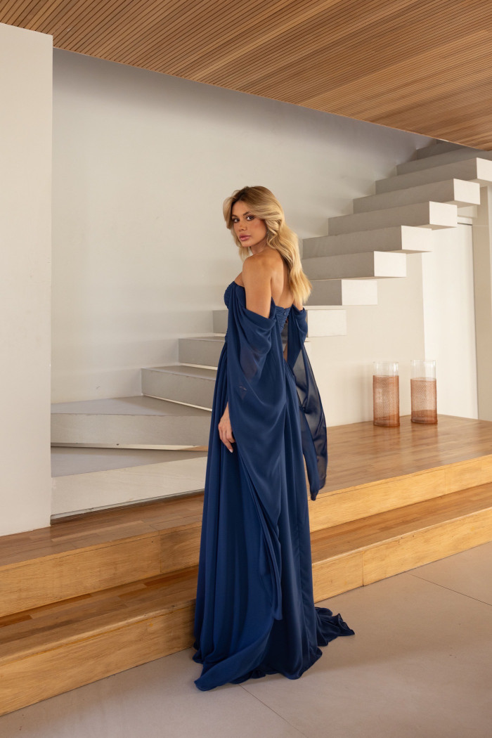 VESTIDO DE FESTA GRÉCIA T.Q.C CAUDA - AZUL BALTICO