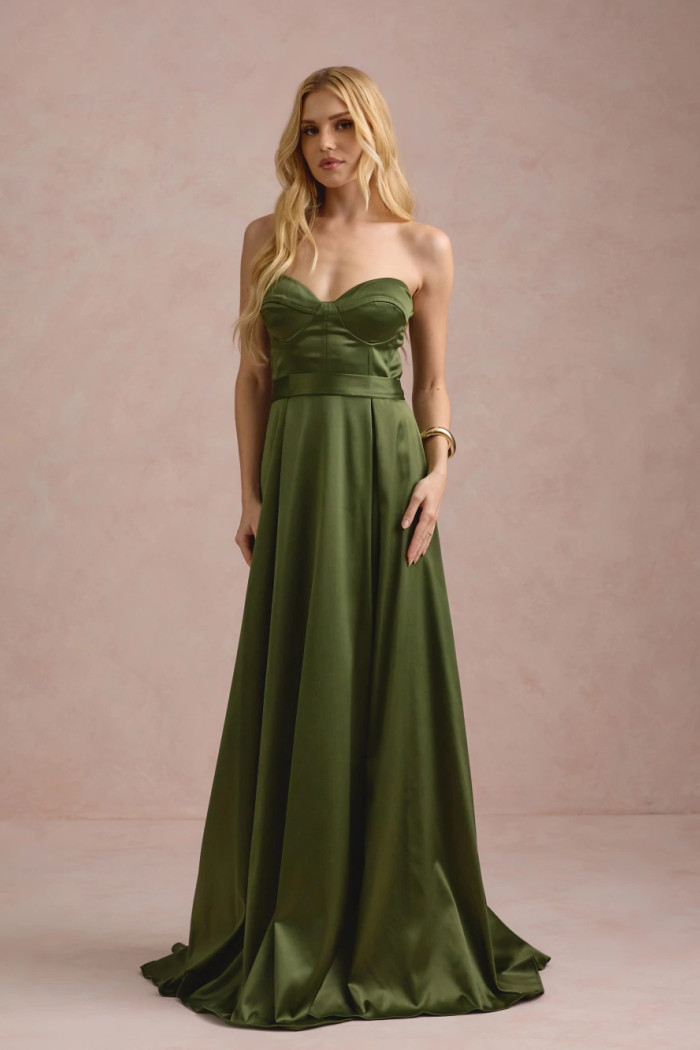 VESTIDO DE FESTA T.Q.C CORSET COM FAIXA LAÇO IVANA - VERDE OLIVA