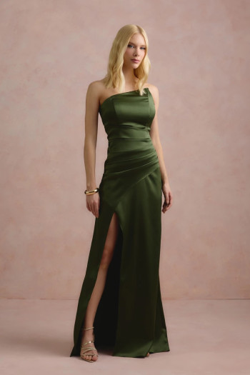 VESTIDO DE FESTA ITÁLIA T.Q.C PREGAS CINTURA - VERDE OLIVA