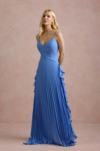 VESTIDO LONGO LIVIA PLISSADO - AZUL SERENITY