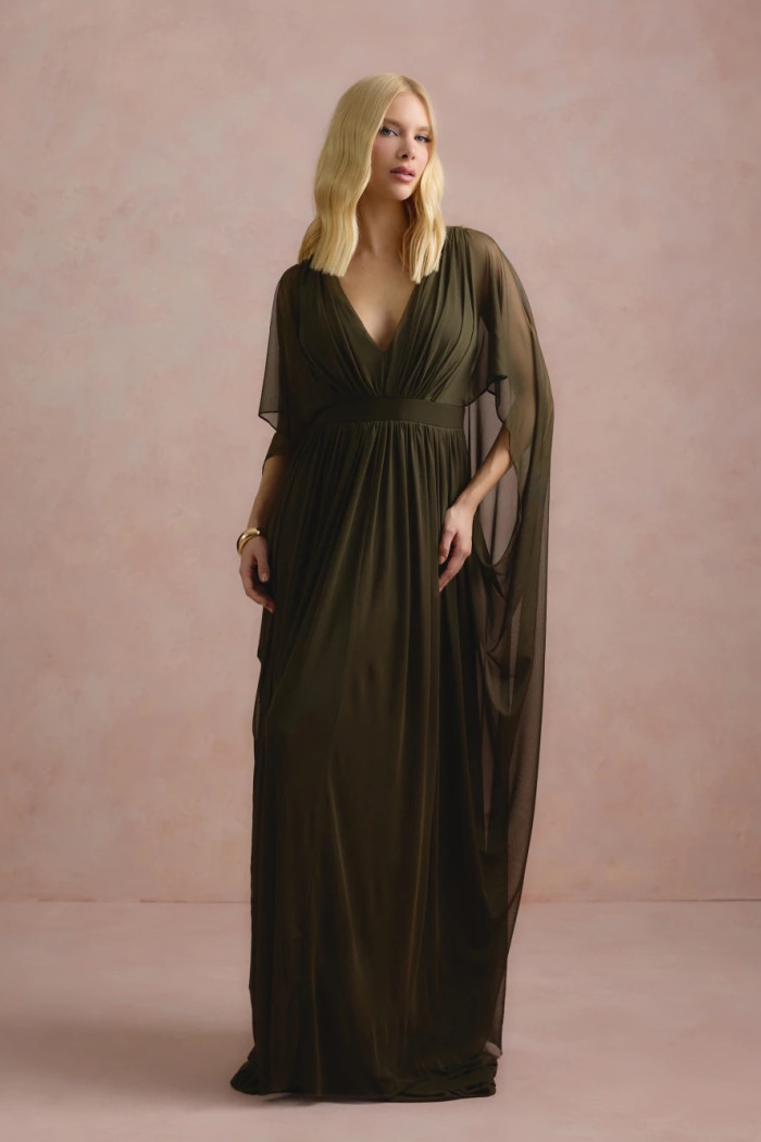 VESTIDO DE FESTA ANGELINA MANGA CAPA - VERDE OLIVA
