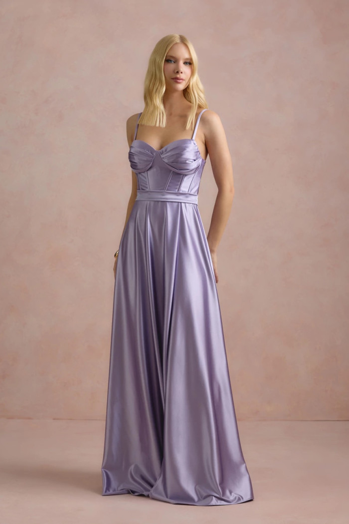 VESTIDO DE FESTA GLAMOUR COM CAPA CREPE ACETINADO - LILÁS