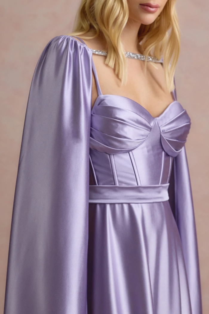 VESTIDO DE FESTA GLAMOUR COM CAPA CREPE ACETINADO - LILÁS
