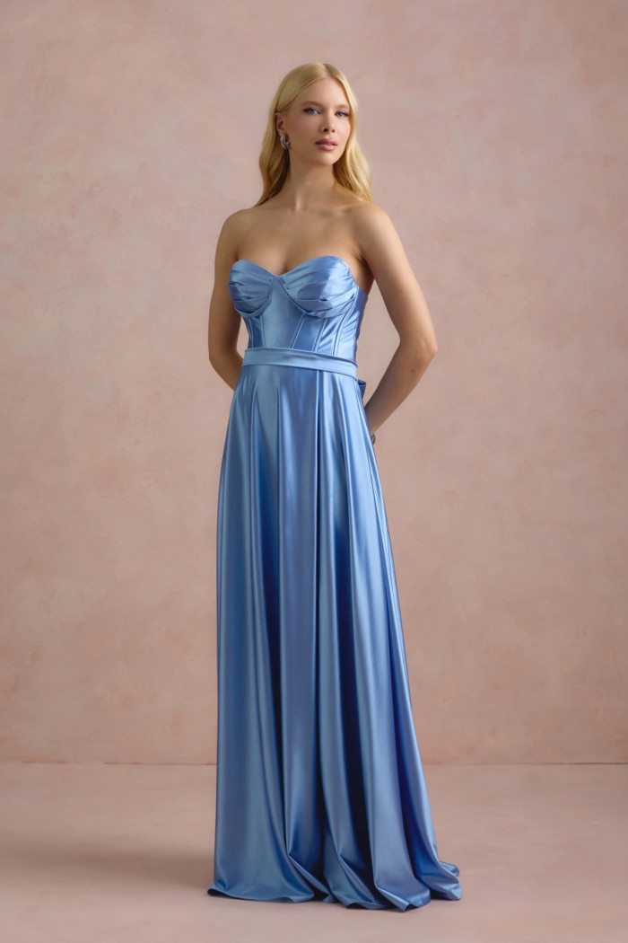 VESTIDO DE FESTA GLAMOUR COM CAPA CREPE ACETINADO - AZUL SERENITY