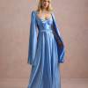 VESTIDO DE FESTA GLAMOUR COM CAPA CREPE ACETINADO - AZUL SERENITY