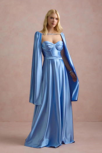 VESTIDO DE FESTA GLAMOUR COM CAPA CREPE ACETINADO - AZUL SERENITY