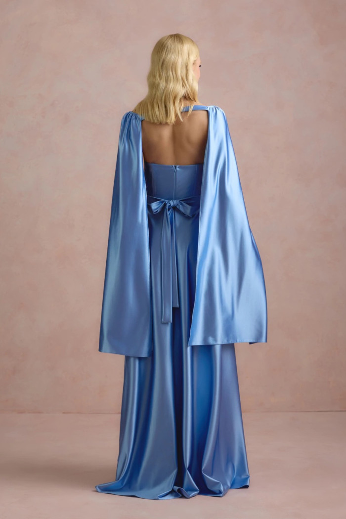 VESTIDO DE FESTA GLAMOUR COM CAPA CREPE ACETINADO - AZUL SERENITY