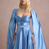 VESTIDO DE FESTA GLAMOUR COM CAPA CREPE ACETINADO - AZUL SERENITY