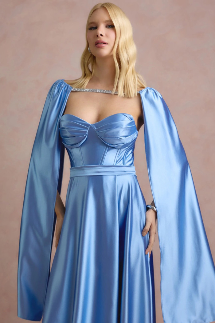 VESTIDO DE FESTA GLAMOUR COM CAPA CREPE ACETINADO - AZUL SERENITY