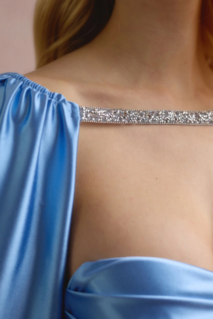 VESTIDO DE FESTA GLAMOUR COM CAPA CREPE ACETINADO - AZUL SERENITY