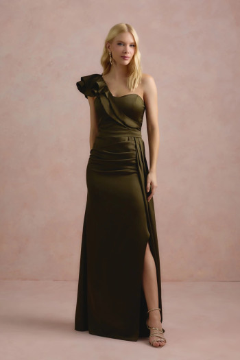 VESTIDO DE FESTA LUCY CREPE ACETINADO UM OMBRO - VERDE OLIVA