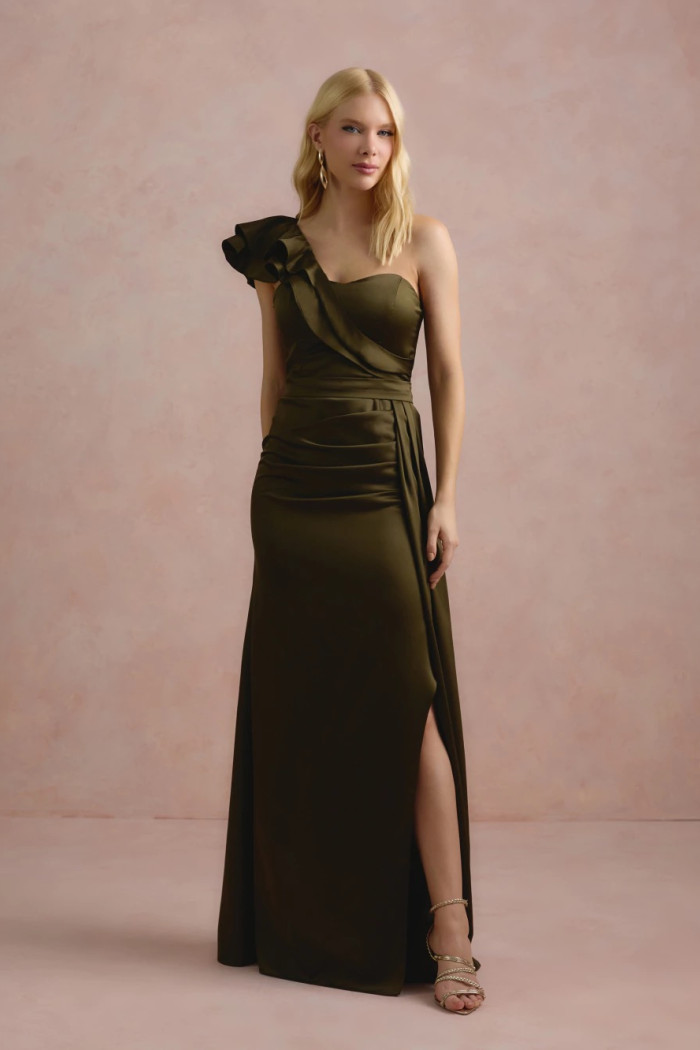 VESTIDO DE FESTA LUCY CREPE ACETINADO UM OMBRO - VERDE OLIVA
