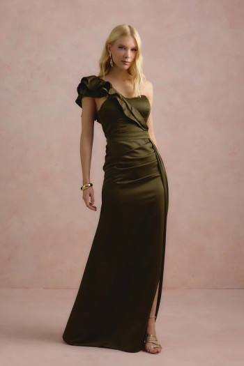 VESTIDO DE FESTA LUCY CREPE ACETINADO UM OMBRO - VERDE OLIVA