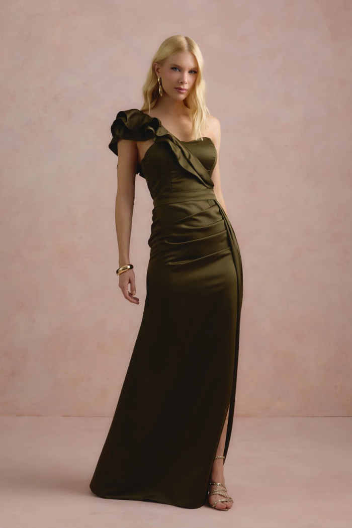 VESTIDO DE FESTA LUCY CREPE ACETINADO UM OMBRO - VERDE OLIVA