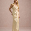 VESTIDO DE FESTA LUCY CREPE ACETINADO UM OMBRO - AMARELO MANTEIGA