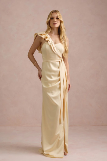 VESTIDO DE FESTA LUCY CREPE ACETINADO UM OMBRO - AMARELO MANTEIGA
