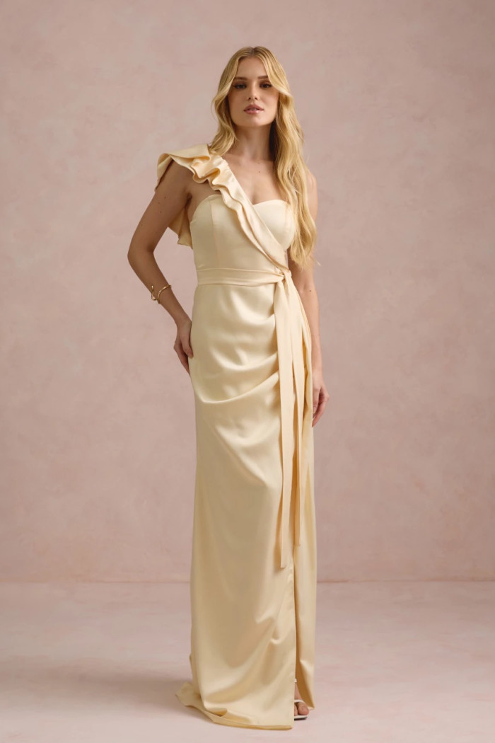 VESTIDO DE FESTA LUCY CREPE ACETINADO UM OMBRO - AMARELO MANTEIGA