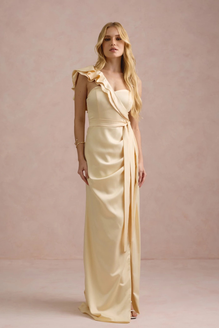 VESTIDO DE FESTA LUCY CREPE ACETINADO UM OMBRO - AMARELO MANTEIGA