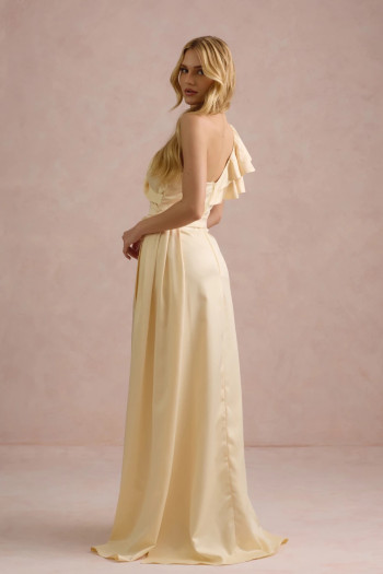 VESTIDO DE FESTA LUCY CREPE ACETINADO UM OMBRO - AMARELO MANTEIGA